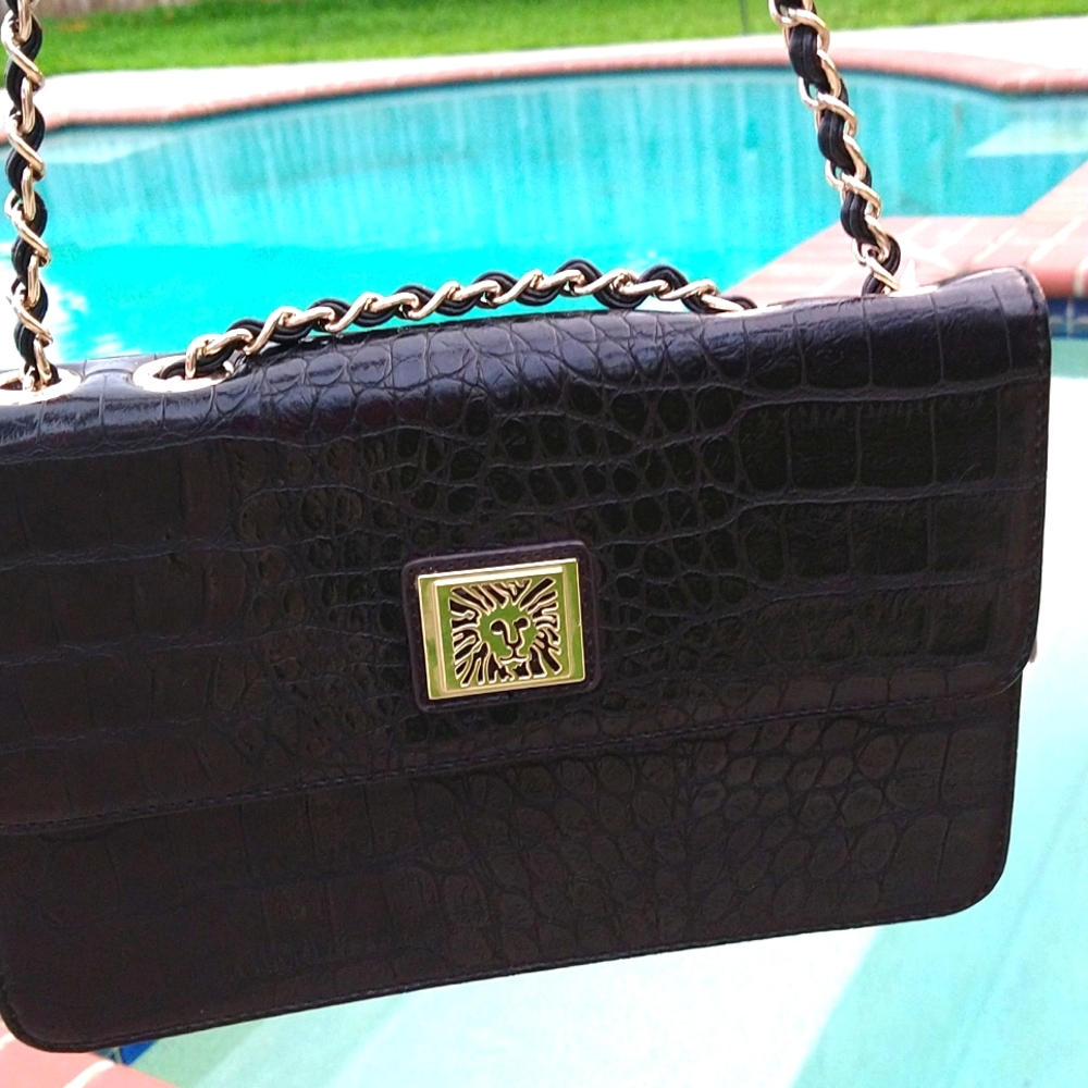 Anne Klein Black Crocodile Embossed Purse With Braided Gold Black Chain Worn 1x - Picture 1 of 6